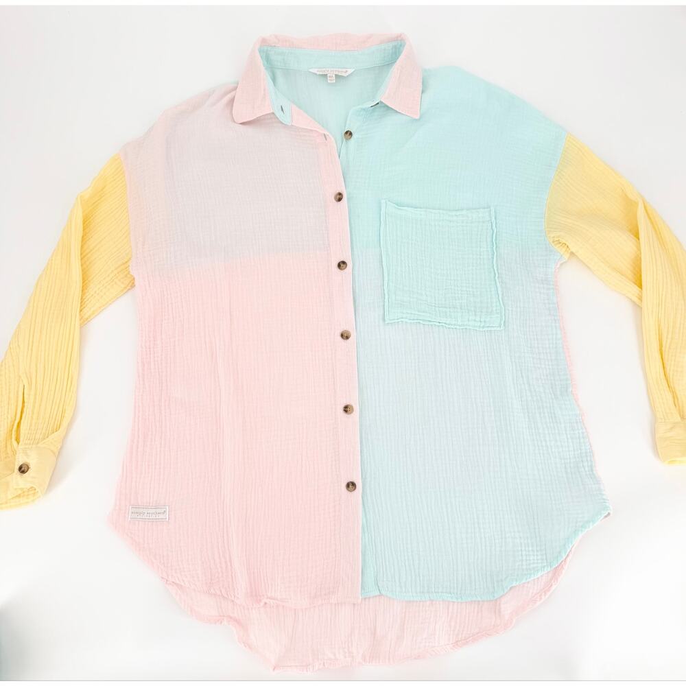 Simply Southern Pastel Colorblock Button Down Shirt 100% Cotton Size M/L Preppy - Picture 10 of 13